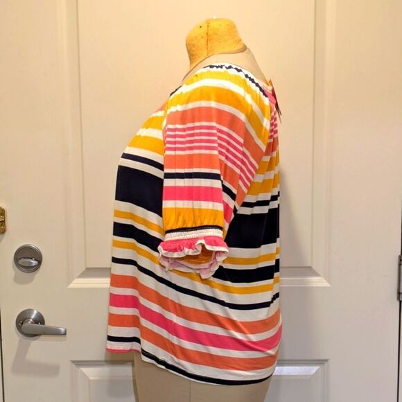 $5 Item! NWT LuLaRoe 2XL Lily Square Neck Top In Pink Blue and Yellow Stripes - Picture 3 of 8